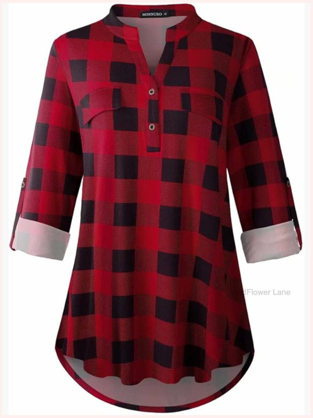 Plus Size 3/4 Sleeve Plaid Button Down Tunic Blouse